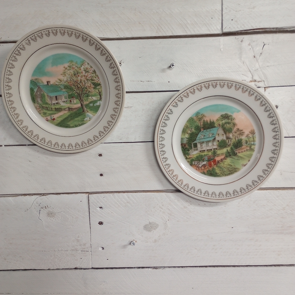 Set of 2 Currier & Ives Collectible Seasons Decorative Plates Spring and Summer